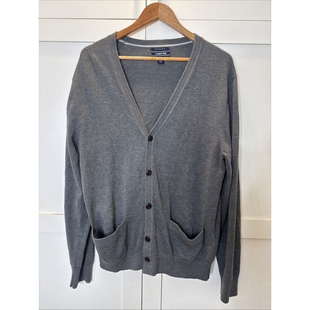 Lands End Men's M Sweater gray Cardigan Vneck Pockets long sleeve Supima Cotton